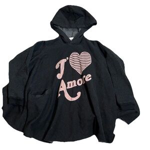Wildfox Girl 10y Poncho Hoodie Sweater Black‎ I Love Amore Heart Graphic Cozy